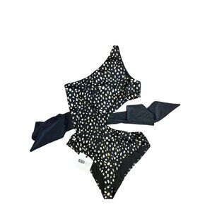 NWT Beach Riot One-Shoulder Black & Gold Polka Dot Swimsuit w/Side Tie Waist XL